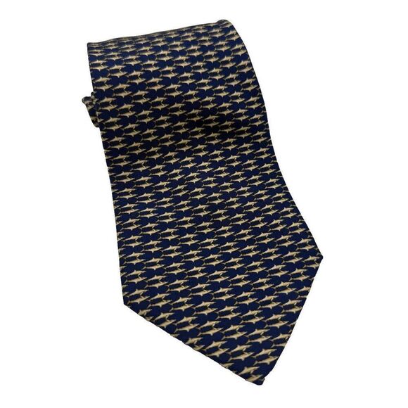 Salvatore Ferragamo Harbour Fish Shark Geometric Blue Necktie Made in Italy - Picture 1 of 6